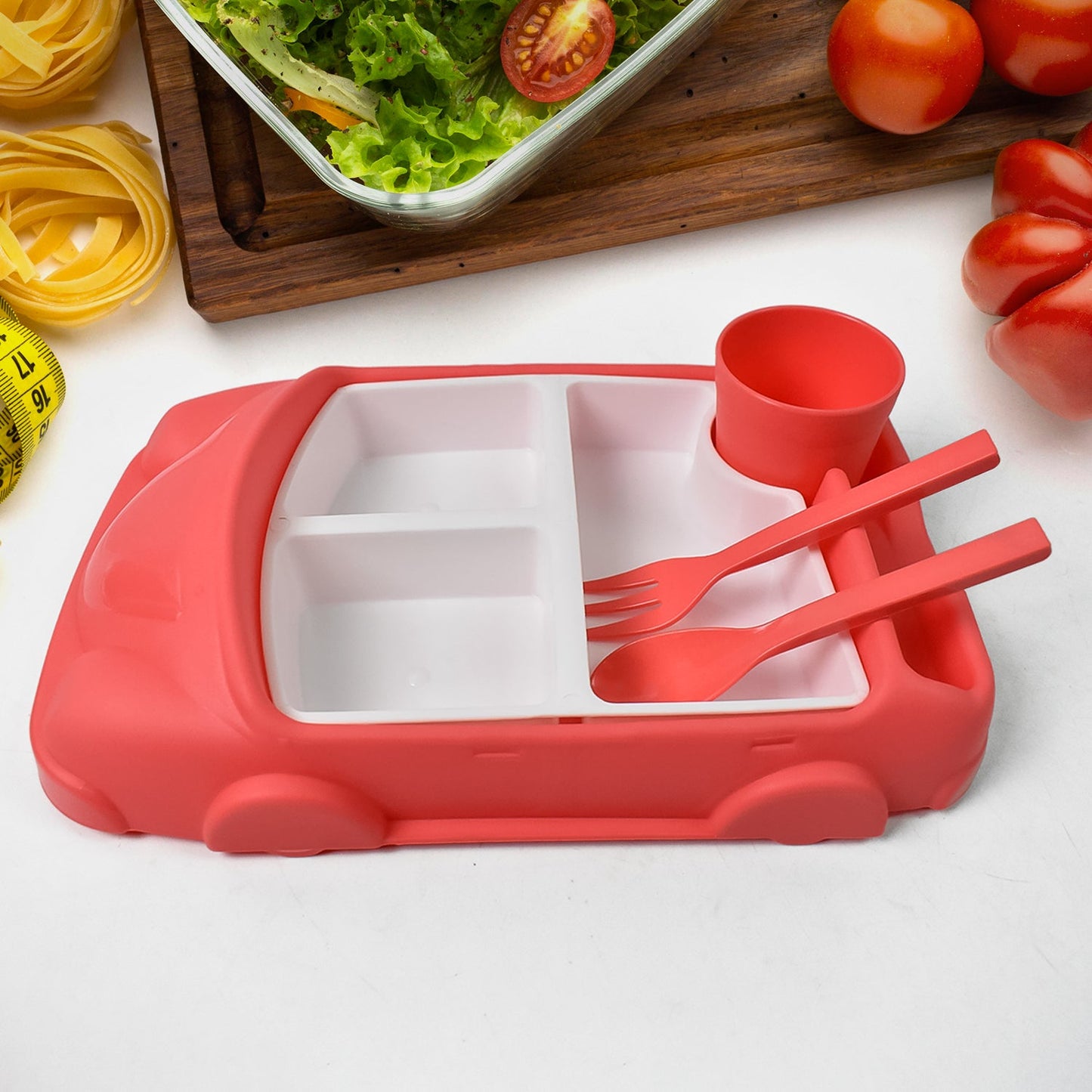 Kid's Car Shaped Plates Cup / Lunch Box Dinnerware (4 Pcs Set / 1000 ML Lunch Box)