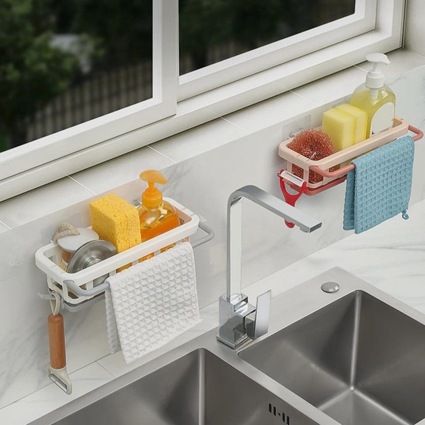 Hanging Drain Rack & Sponge Holder Basket for Kitchen Sink Storage